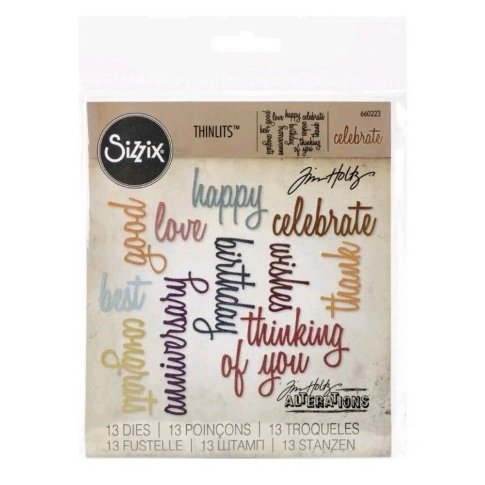 Sizzix Sizzlits Tim Holtz  Die Set CELEBRATE Words Script  660223 13 Dies